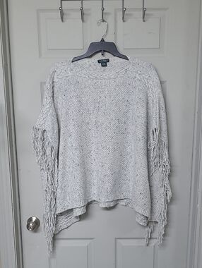 Lauren Ralph Lauren Ivory High-low Scoop Neck Fringe-Trim Sweater OS Like New
